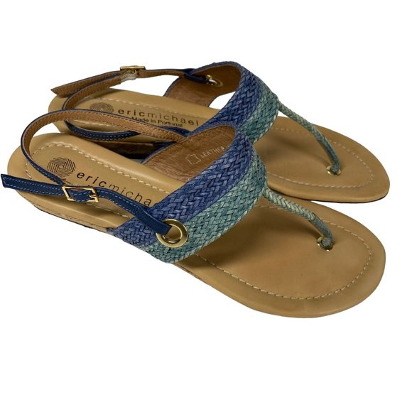 Eric Michael leather T strap thong wedge sandal blue teal heel strap Sz 40 / 9 - Picture 12 of 13